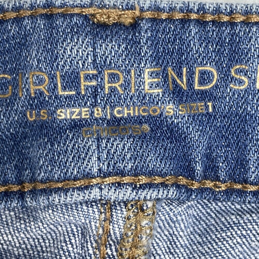 Chicos So Slimming US Size 8 Girlfriend Slim Leg Crop Blue Tie Dye Jeans 29x22 - Picture 11 of 12